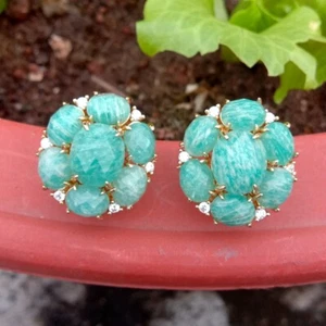Natural Green Faceted Amazonite Cz Pave Stud Earrings Golden Plated Jewelry - Picture 1 of 5