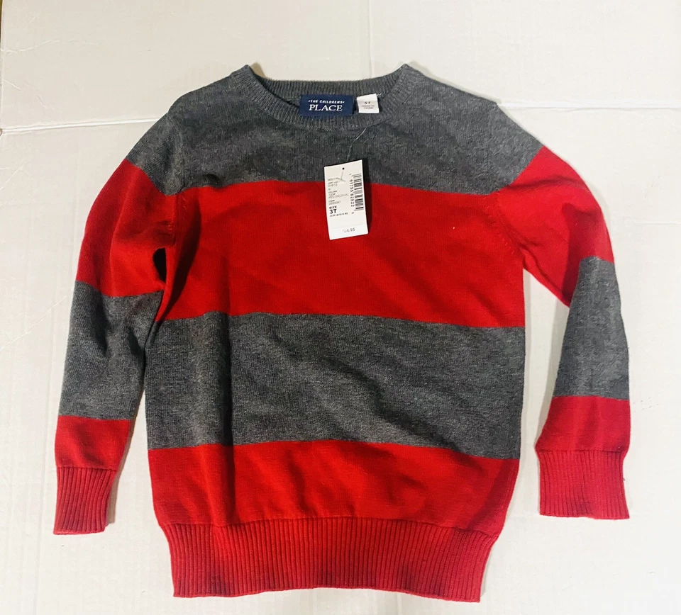 Children’s Place Gray Red Stripe Cotton Sweater Boys 3T New - Image 1 of 4