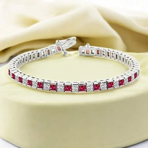 Classy 4.30 Cts Princess Shape Diamonds Ruby Unisex Tennis Bracelet in 14K Gold - Picture 1 of 1