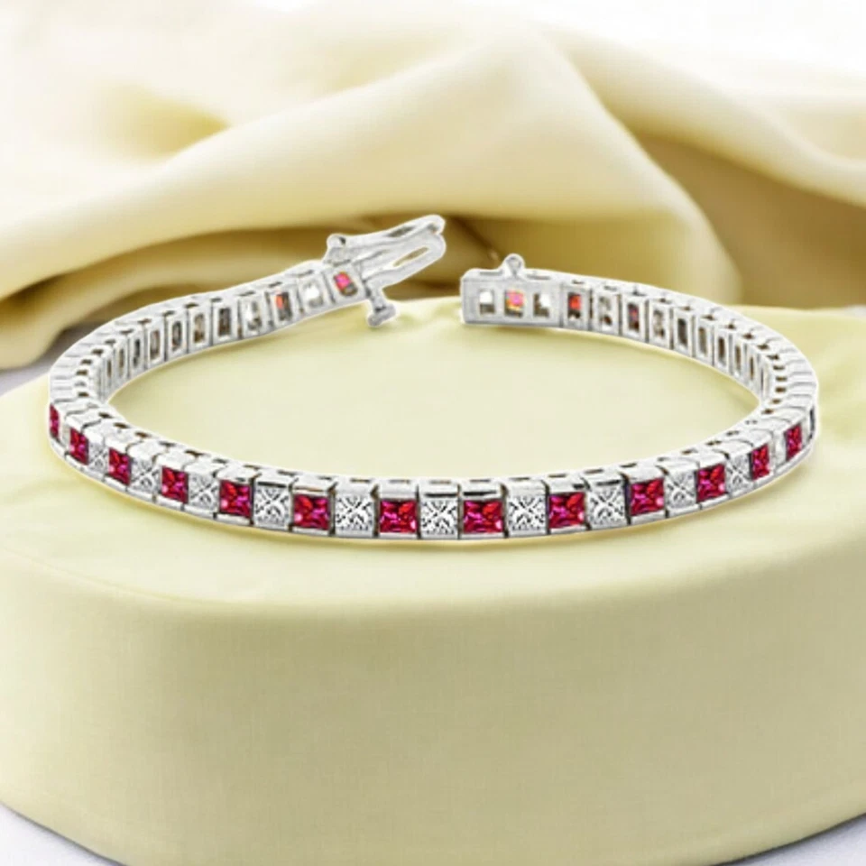 Classy 4.30 Cts Princess Shape Diamonds Ruby Unisex Tennis Bracelet in 14K Gold - Image 1 of 1