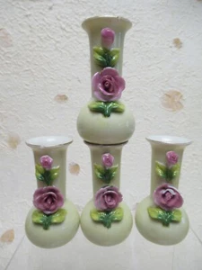 Vintage OCCUPIED JAPAN MARUYAMA Miniature Vase Pink Flower SET OF 4 MATCHING - Picture 1 of 11