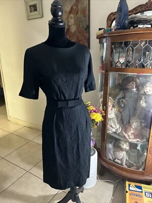 Vestido Vaina Negro Mr. Simon Años 50 De Colección con Cinturón ~ Tela Texturizada Formas Diamante Foto 1 de 4