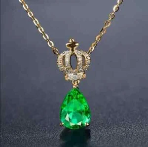 2 Ct Pear Cut Green Emerald Drop Pendant Necklace Chain 14k Yellow Gold Finish - Picture 1 of 3