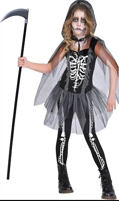 Parca Esqueleto Niña Grande Halloween Disfraz Vestido Capa Leggings Foto 1 de 3