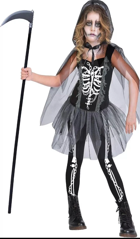 Grim Reaper Costume for Girls Size Large Includes a Dress Leggings and Cape