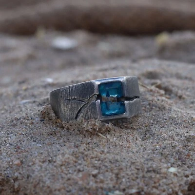 CREACK LONDON BLUE TOPAZ RING 925 SILVER RING MENS SILVER RING GIFT FOR HIM - Image 1 of 3