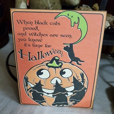 PRIMITIVE RETRO VICTORIAN VINTAGE STYLE HALLOWEEN WITCHES DANCE PUMPKIN CAT SIGN - Image 1 of 4