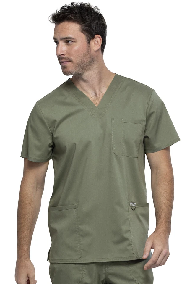 Cherokee Workwear Scrubs WW Revolution Men V Neck Top WW670 OLV Olive Free Ship - Image 1 of 4