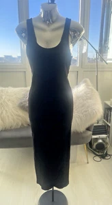 H&M Skinny Rib Black Sleevless Bodycon Wiggle Midi Dress Size M - Picture 1 of 4