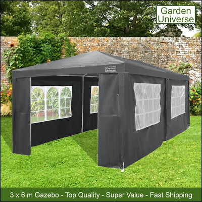 Gazebo Marquee Canopy Party Tent Grey 3 x 6m By Garden Universe Steel Frame XL