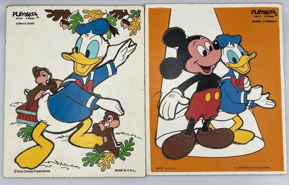 Lote de 2 rompecabezas de madera vintage Playskool Disney Mickey & Donald Chip & Dale Foto 1 de 4