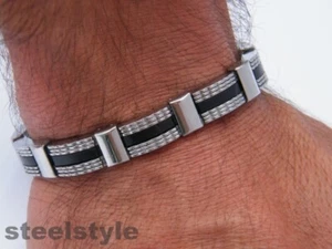 MEN'S STAINLESS STEEL 316L BRACELET SILVER&BLACK R6 - Picture 1 of 2
