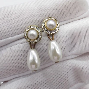 Teardrop Faux Pearl Dainty Dangle Earrings Gold Tone Cute Minimalist - Picture 1 of 10
