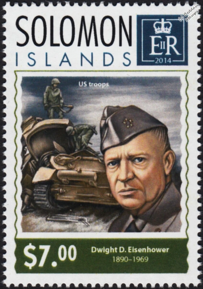 Segunda Guerra Mundial 1944 Batalla de las Ardenas Gen. Eisenhower & US Troops & Tank Stamp (2014) Foto 1 de 1