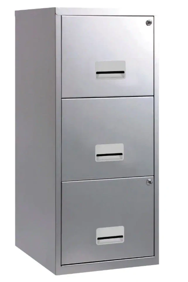 3 DRAWER 'PIERRE HENRY' STEEL SILVER MAXI FILING CABINET A4 / NEW +FREE 24h