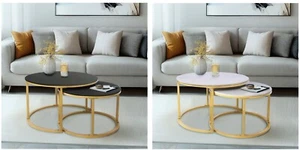 2 x Round Sintered Stone/Metal Marble Effect Nesting Coffee End Sofa Table Home - Picture 1 of 19