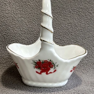 Vintage Lefton China kleiner Porzellankorb mit roten Blumen Goldrand, Aufkleber - Bild 1 von 7