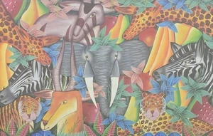 Original & Signed P.T Donald Haitian Naif Folk Animal Jungle Art Framed Painting - Picture 1 of 6