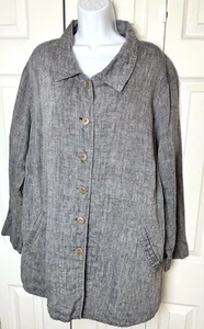 FLAX Linen Chore Coat Barn Jacket Gray Lagenlook Pockets Oversized Sz 1G 18-20 - Picture 1 of 10