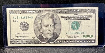 1996 $20 dollar bill, Federal Reserve NOTE AL54328870H [L12] Dbl 8’s Green Seal  - Image 1 of 4
