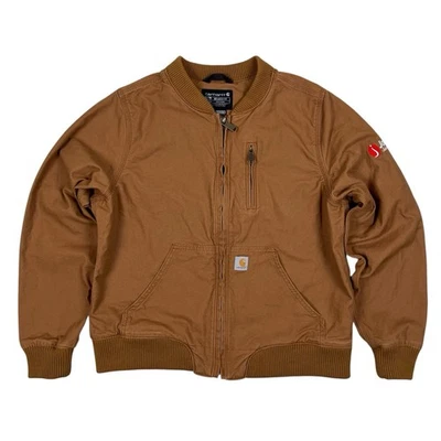 Chaqueta de bombardero Carhartt marrón calce relajado resistente flexible ropa de trabajo logotipo 102524 talla L Foto 1 de 4