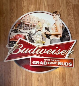Beer Sign Budweiser After The Ride Grab Some Buds Sign Budweiser Metal Tacker - Picture 1 of 11