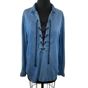 RAILS Blue Dark Vintage Wash Chambray Long Sleeve Lace-Up Denim Blouse M Medium - Picture 1 of 8