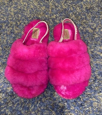 Pink Fuzzy Open-Toe UGG Slippers 12 Girls Size - Image 1 of 4