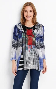 ALI MILES Shirt Top Bluse Tunika Wasserfallausschnitt Mustermix Patchwork Boho LARGE - Bild 1 von 9