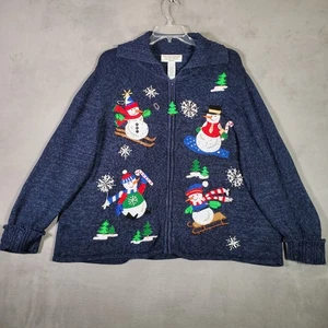 Tiara Internacional Navidad Suéter Mujer 3X Azul Muñecos de Nieve Bordado Cremallera - Imagen 1 de 8