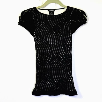 Bebe Illusion Stretch Top Women's Petite Size S Black Crochet Lace Body Fit Tee - Image 1 of 4