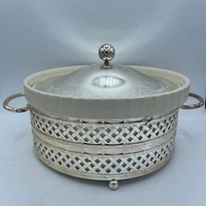Elfenbein Steinzeug Ofen zum Tisch Kasserolle Souffle Pfanne versilbert mit Deckel Vintage - Bild 1 von 12