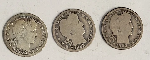 TRIO (3 COINS) 1902-P,O& S Silver Barber Quarter Cover