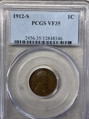 1912-S  .01  PCGS  VF 35   Lincoln Head Cent,  Lincoln One Cent - Image 1 of 2