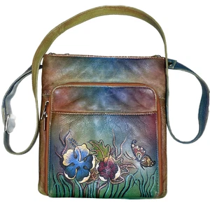 Biacci Painted Leather Crossbody Bag Purse Butterflies Floral 10”x 9” - Picture 1 of 7