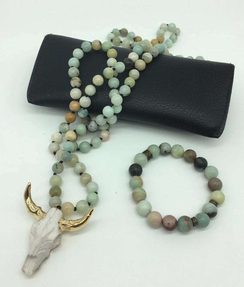 Fashion semi precious Amazonite Stones steer pendant Necklace + 10mm bracelet Foto 1 de 4