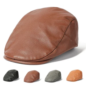 Men Solid Newsboy Gatsby Hat Outdoor Faux Leather Travel Driving Golf Beret Cap - Picture 1 of 8