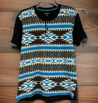 Carbon Large Henley Shirt Black Southwestern Aztec SS Native Western Ranch Blue - Image 1 of 4