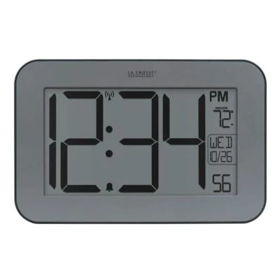 LA CROSSE TECHNOLOGY Time Digital Atomic Clock 4 in. Digits Large Gray Table Indoor Temperature Timer
