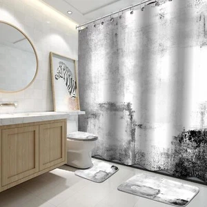 4Pcs Bathroom Shower Curtain Sets with RugsWhite Black Painting Art Bathroom ... - Picture 1 of 7