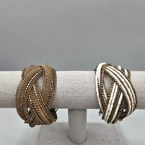Braided Memory Wire Bracelets (2) Seed Bead Cuff White And Gold Tone Boho - Picture 1 of 10