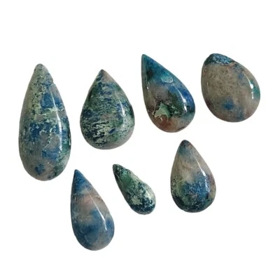Chrysocolla/Azurite/Quartz Lot Of 7 Tear Drop Free Form Cabochons 60 CT. Total - Image 1 of 3