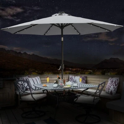 AMYONLINE Garden Solar LED Parasol Sun Shade Patio Umbrella with Tilt Crank 2.7M Grey