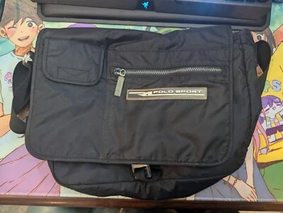 Bolsa tiracolo vintage polo esporte Ralph Lauren preta náilon lateral logotipo rara - Imagem 1 de 4