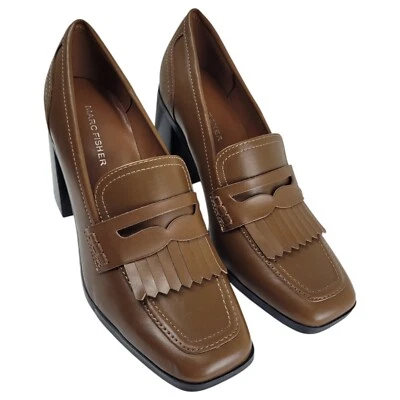 Mocassim de escritório feminino Mark Fisher salto dinheiro antigo 7,5 marrom com franjas slip on - Imagem 1 de 4