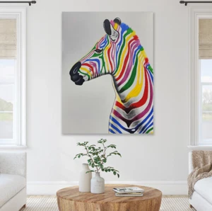 NEW Rainbow Stripes: Hand-Painted Modern Zebra Art, Size 90x120 - Trending - Picture 1 of 2
