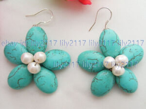 6-7mm White Pearl & 13x18mm Blue Turquoise Gems Flower 925s Hook Dangle Earrings