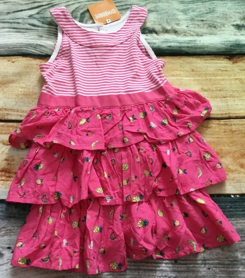 Vestido Gymboree 2T estampa de frutas recife de açúcar listrado corpete babados algodão rayon novo com etiquetas - Imagem 1 de 1