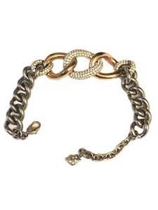 Swarovski Chunky Gold And Silver Tone Link Bracelet Pave Crystals Swan Signed - Picture 1 of 9
