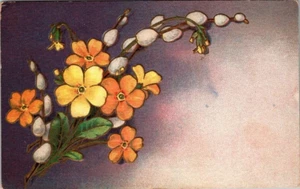 Postkarte orange & gelbe Blumen Muschi Weide geprägt - Bild 1 von 2